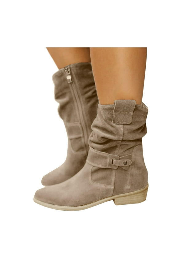 Oyedens Womens Slouchy Wide Mid Calf Cowboy Boots Suede Low Heel Zip up Winter Cowgirl Short Booties