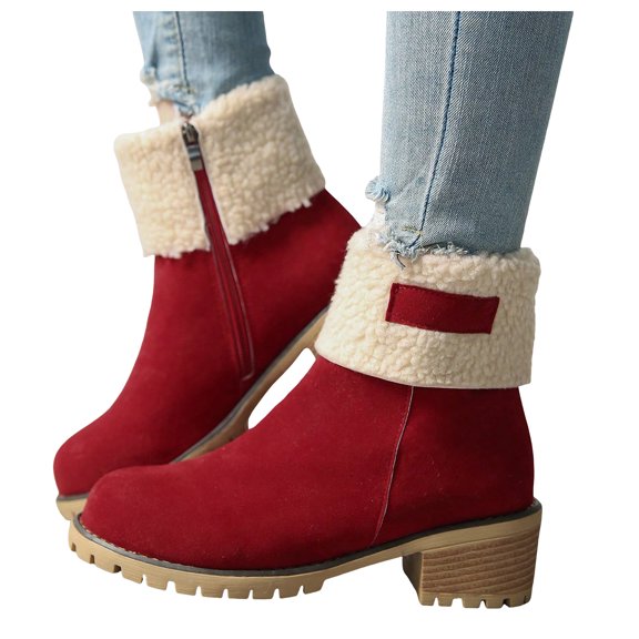 Mid Calf Winter Boots for Women with Side Zipper 2025 Fashion Casual Suede Round Toe Chunky Heel Fleece Lined Thermal Snow Ankle Booties Red Size 8