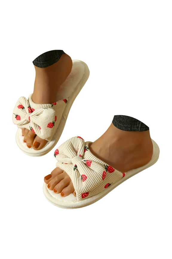 Oyedens Womens Strawberry Slippers for Girls Indoor Outdoor Cute Bowknot Fuzzy Open Toe House Slippers
