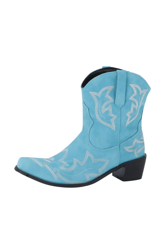 Womens Western Cowboy Cowgirl Boots Vintage Bohemia Low Heels Wide Mid Calf Riding Short Boots