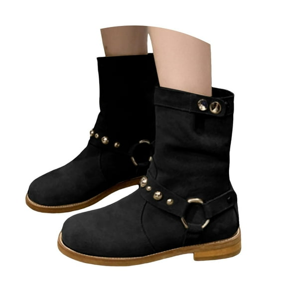 Oyedens Womens Wide Mid Calf Boots Slouchy Fashion Studded Low Heels Cowgirl Combat Riding Boots