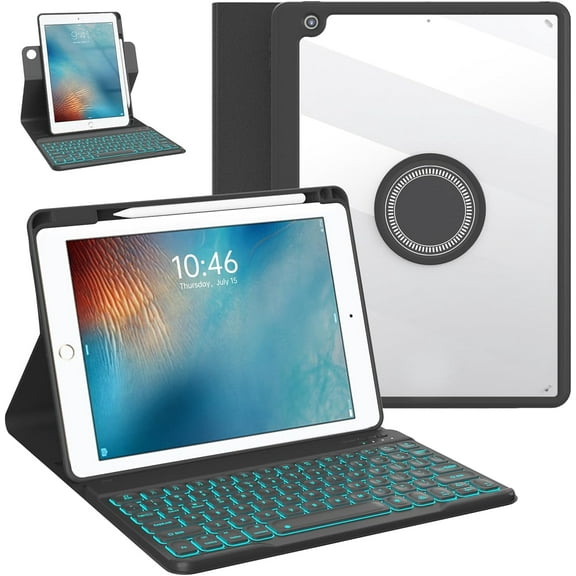 Oyeeice Rotating Detachable Clear Protective Case with 7-Color Backlit Keyboard Wireless