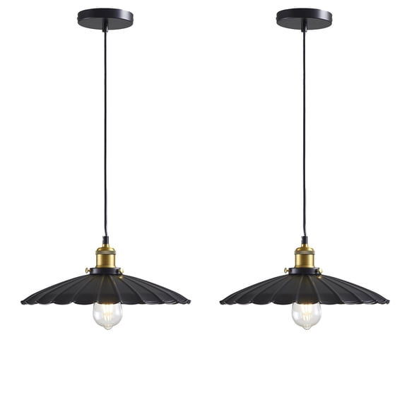 Oyisen 2Pack Hanging Lamp, Metal Pleated Lampshade Pendant Lighting for Kitchen Island Black Pendant Light Fixture 15.7 Inch Hanging Pendant Light 6.5Ft Height Adjustable