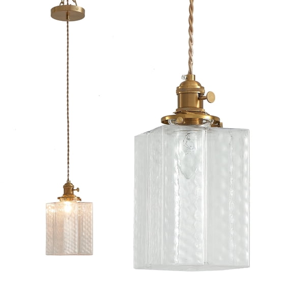 Oyisen Hanging Lamp, 6.5 Inchs Cuboid Glass Lampshade Farmhouse Pendant Lights Kitchen Island 6.5ft Braided Light Cord Hanging Light for Bedroom Hallway Light Fixture