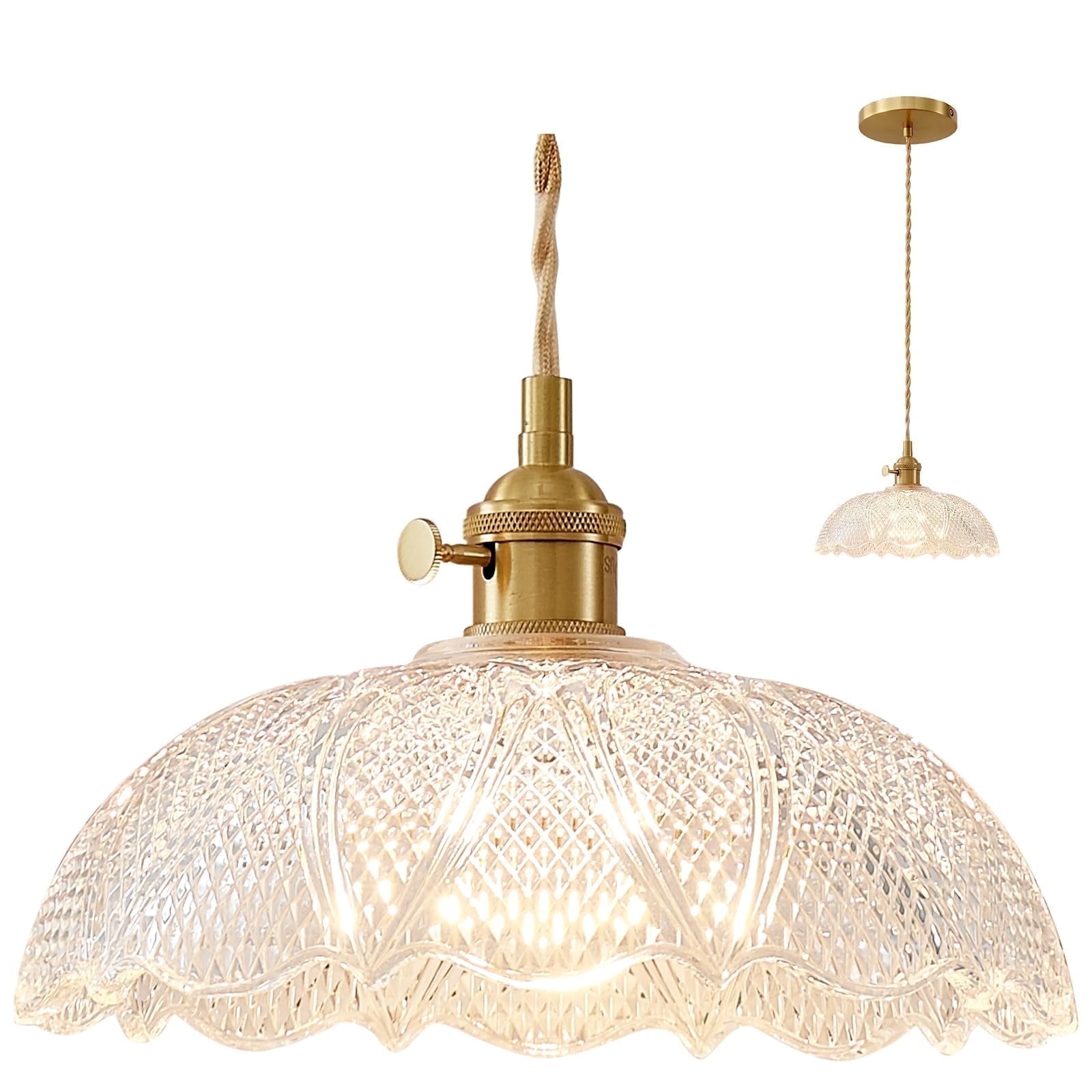 Oyisen Hanging Lamp,9.8 Inch Pendant Lights Kitchen Island Golden Adjustable Cord Hanging Pendant Light Flower Lampshade Vintage Pendant Light Farmhouse
