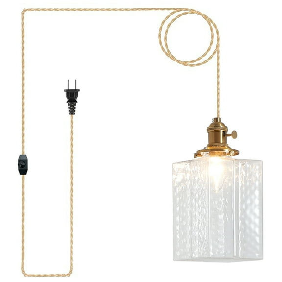 Oyisen Hanging Lamp Plug in Golden Adjustable 14Ft Light Cord Plug in Pendant Lights 6.5 Inch Glass Lampshade Hanging Pendant Light Hanging Light Fixture for Dining Room
