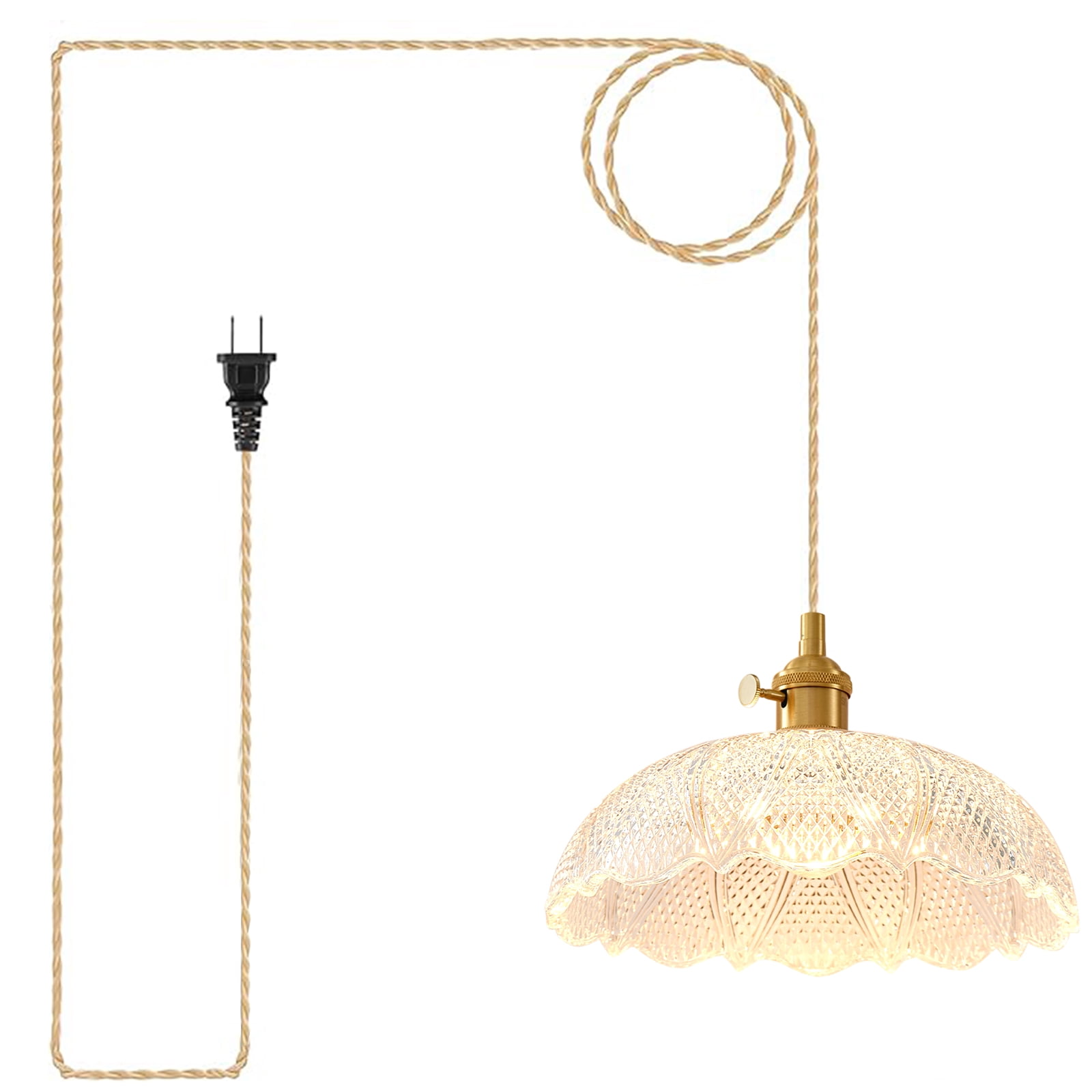 Oyisen Plug in Hanging Lamp,Braided Adjustable Light Cord Vintage Plug in Pendant Light 9.8 inch Clear Glass Lampshade for Bedroom and Living Room