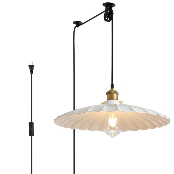 Oyisen Hanging Lights with Plug in Cord White 15.7 Inch Metal Lampshade Adjustable Cord Plug in Hanging Light Industrial Pendant Lights for Bedroom Farmhouse with Light Bulb
