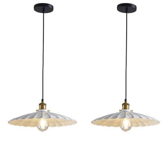 Oyisen Pendant Lights, 13.8 Inch Glossy White Lampshade Hanging Kitchen Lights 7Ft Height Adjustable Island Pendant Lights for Kitchen Industrial Style Hanging Light for Bedroom 2Pack