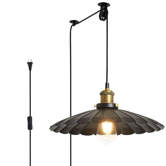 Oyisen Plug in Hanging Light Rustic Black 13.8 Inch Lampshade with 13.2ft Cord Bar Counter Hanging Lamp Plug in On/Off Switch Pendant Light with Light Bulb