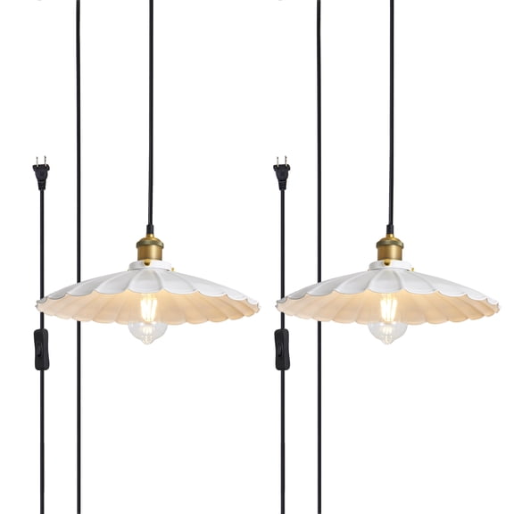 Oyisen Plug in Pendant Light 13.8 Inch White Round Metal Shade Vintage Hanging Lamp Plug in 14Ft Adjustable Dome Industrial Hanging Plug in Light for Living Room 2Pack