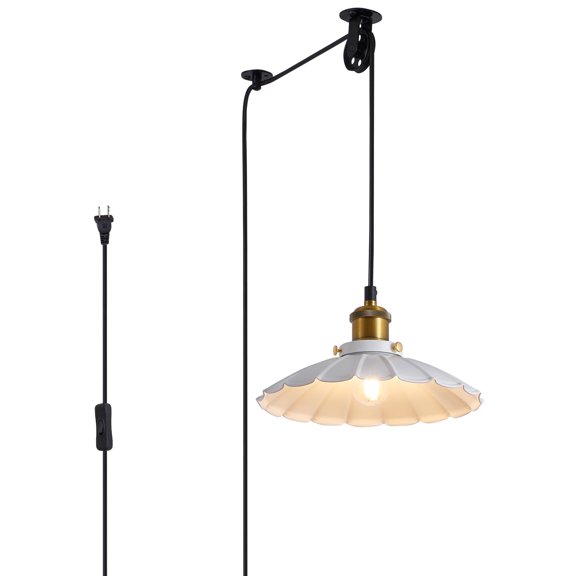 Oyisen Plug in Pendant Light Industrial 9.8 Inch White Lampshade Kitchen Island Hanging Lamp Plug in Adjustable Cord Hanging Lights for Bedroom and Living Room with Light Bulb