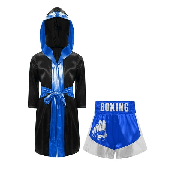 Oyolan Boys Girls Boxing Outfit Long Sleeve Metallic Satin Open Front Robe with MMA Shorts for MMA Training Black&Blue&Silver 16
