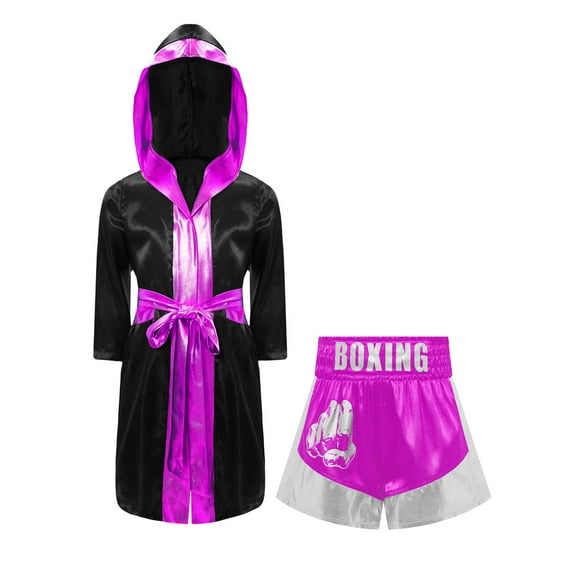 Oyolan Boys Girls Boxing Outfit Long Sleeve Metallic Satin Open Front Robe with MMA Shorts for MMA Training Black&Hot Pink 6