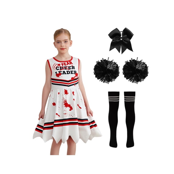 Oyolan Girls Zombie Cheer Leader Fancy Dress 4 Piece Set Sleeveless Bloody Dress Pompoms White Black 160cm