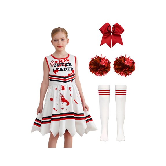 Oyolan Girls Zombie Cheer Leader Fancy Dress 4 Piece Set Sleeveless Bloody Dress Pompoms White Red 160cm