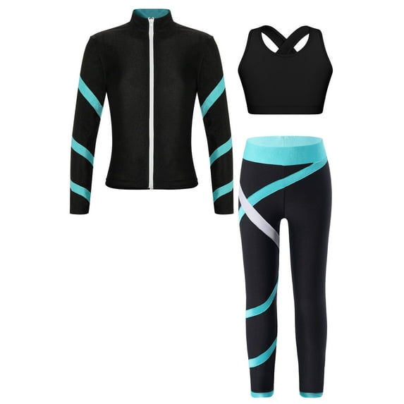 Oyolan Kids 3 Piece Gymnastics Outfit Girls Ice Skating Jacket Sport Bra and Dance Yoga Pants Set Blue Green 12