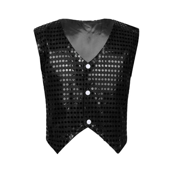 Oyolan Kids Boys Girls Shiny Sequins Vest Waistcoat Hip-Hop Jazz Dance Vest Party Performance Jacket Black 10-12