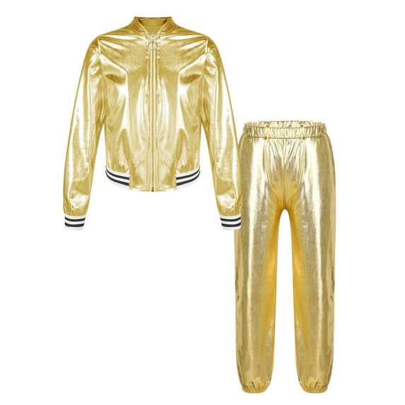Oyolan Kids Girls 2Pcs Jazz Hip Hop Dance Outfits Long Sleeve Zipper Jacket and Pants Set Dancewear Gold 6