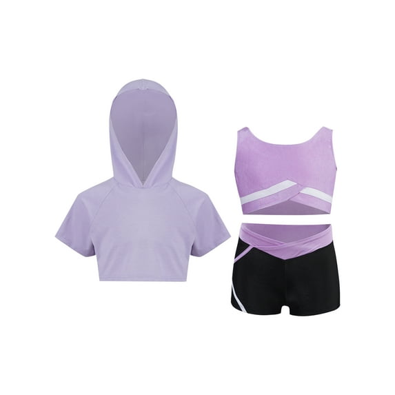 Oyolan Kids Girls 3pcs Dance Gymnastic Outfit Short Hoodie with Tank Top Active Shorts Set Light Purple 10