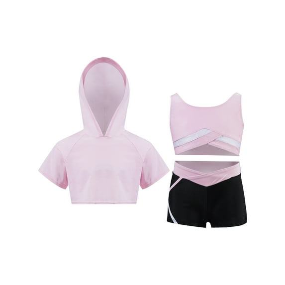 Oyolan Kids Girls 3pcs Dance Gymnastic Outfit Short Hoodie with Tank Top Active Shorts Set Pink 10