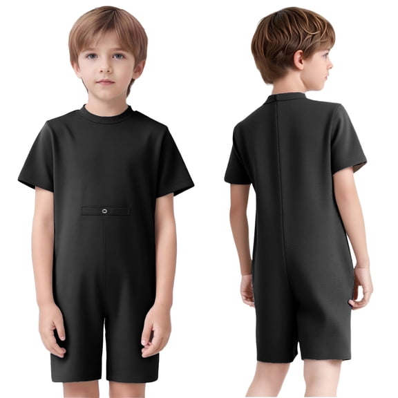 Oyolan Kids Girls Boys Short Sleeve Playsuit Zipper Jumpsuit with Special Needs Adaptive Clothes Ruffle Overalls Black 4