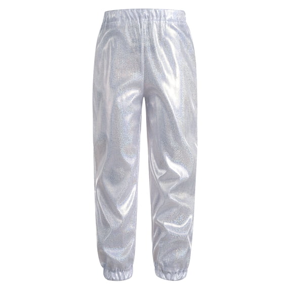 Oyolan Kids Girls Dance Jazz Hip Hop Pants Sparkle Metallic Ballet Workout Legging Trousers Costume Silver 14-15