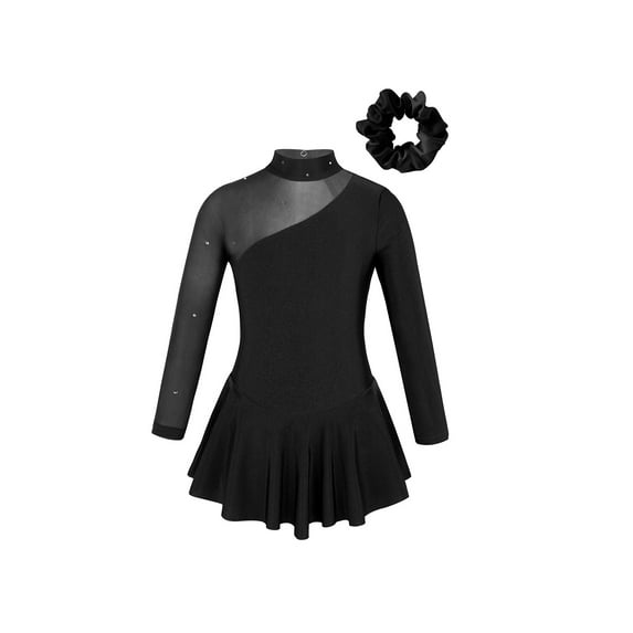 Oyolan Kids Girls Figure Ice Skating Dress Long Sleeve Dance Leotard Dress Gymnastics Bodysuit Black-A 6