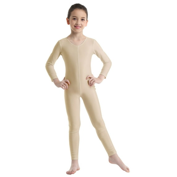 Oyolan Kids Girls Full Length Gymnastics Jumpsuit One Piece Bodysuit Long Sleeve Dance Leotard Unitard Nude 3-4