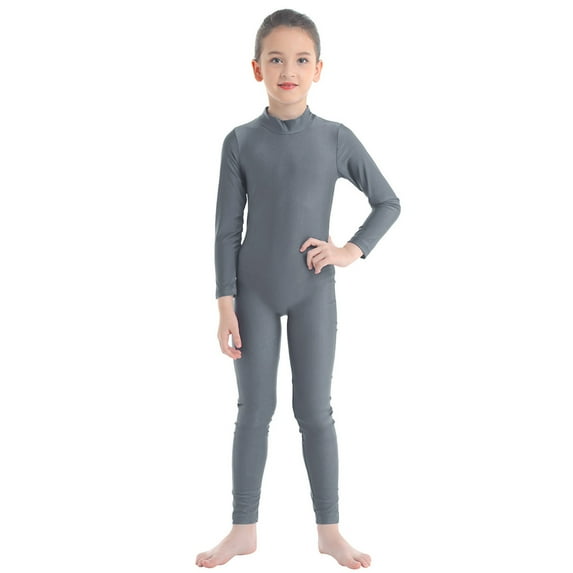 Oyolan Kids Girls Gymnastic Leotard Unitard Long Sleeve Zipper Full Length Jumpsuit Bodysuit Dancewear Dark Grey 4XL