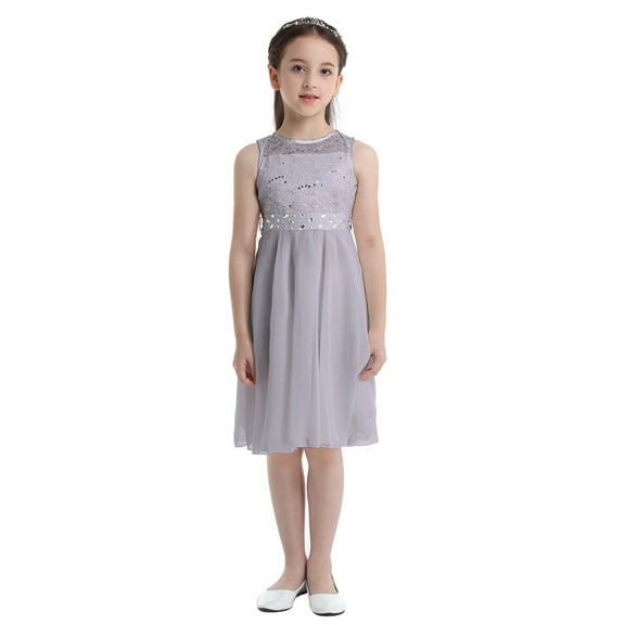 Oyolan Kids Girls Lace Sequins Chiffon Belted Flower Girls Dress Pageant Wedding Bridemaid Dress Gray 14