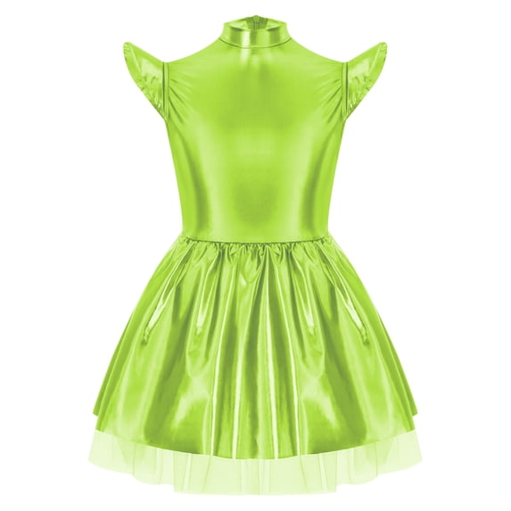 Oyolan Kids Girls Metallic Twirly Dress Sparkly Shiny Cap Sleeve Alien A Line Swing Dance Midi Dress Green 12