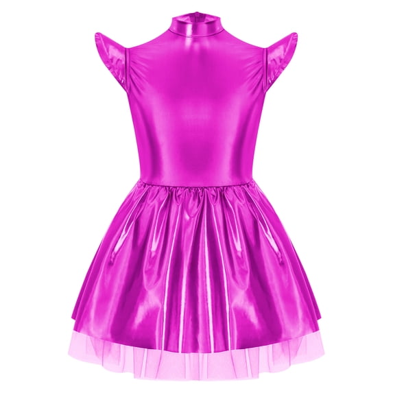 Oyolan Kids Girls Metallic Twirly Dress Sparkly Shiny Cap Sleeve Alien A Line Swing Dance Midi Dress Hot Pink 8