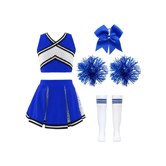 Oyolan Kids Girls Sequin Crop Top Skirt Pom Poms Stocking Hair Tie Cheer Leader Halloween B Blue 6