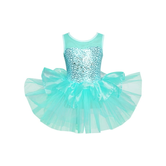 Oyolan Kids Girls Shiny Sequins Ballet Gymnastic Tutu Dress Layered Skirt Skating Performance Costume Green 3