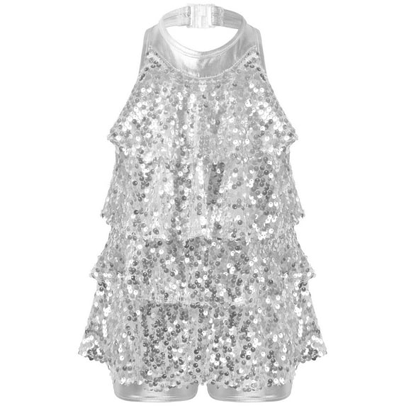 Oyolan Kids Girls Shiny Sequins Latin Jazz Dance Dress Dancewear Stage Performance Dance Costumes Silver 16