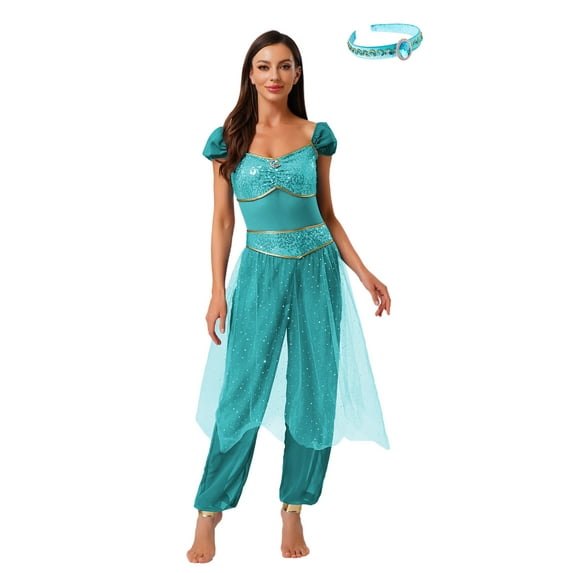 Oyolan Women's Arabian Princess Jumpsuits Belly Dance Jumpsuits Fancy Dress Up Arabian Themed Party Wear Turquoise S