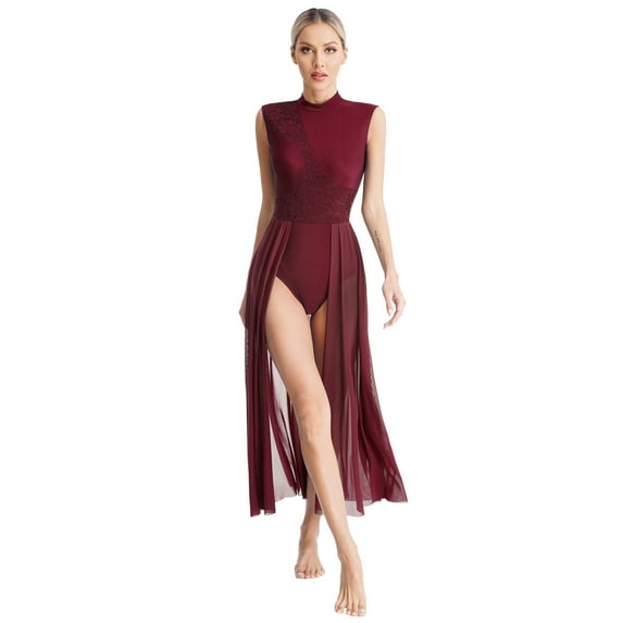Oyolan Women's Lace Lyrical Dance Costume Long Split Keyhole Modern Contemporary Dance Dress Burgundy S
