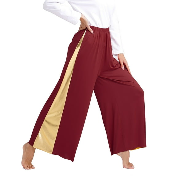 Oyolan Women's Praise Dance Palazzo Pants Celebration of Spirit Ceremony Performance Costume Wide Leg Burgundy L