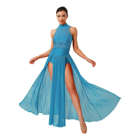 Oyolan Womens Lyrical Dance Dress Sleeveless Flowy Mesh Slit Hem Maxi Long Skirt Contemporary Dance Light Blue S