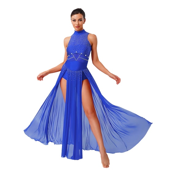 Oyolan Womens Lyrical Dance Dress Sleeveless Flowy Mesh Slit Hem Maxi Long Skirt Contemporary Dance Royal Blue M