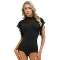 thumbnail image 1 of Oyolan Womens Ruffle Mesh Butterfly Sleeve Skinny Bodysuit Mock Neck Leotard Tops Performance Costume Black M, 1 of 7