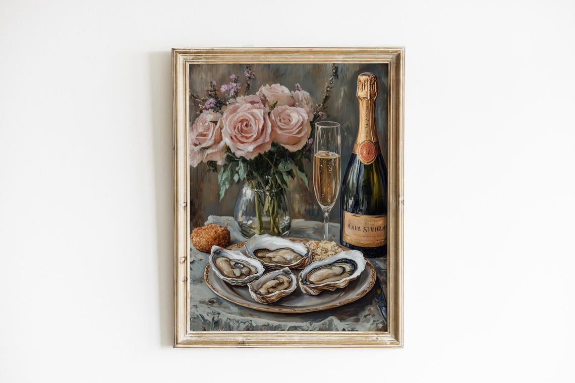 Oyster Champagne Print, Aesthetic Kitchen Decor, Retro Dinner Table ...
