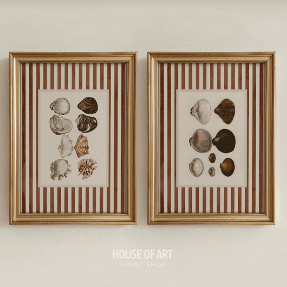 Oyster Coastal Striped Seashell Poster Set 2 Prints Set 2 , Poster Only