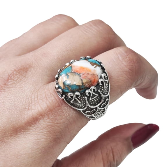 Oyster Copper Turquoise Mans Ring, Natural Copper Turquoise Ring, Silver Jewelry, 925 Silver Ring, Birthday Gift, Heavy Mens Ring, Arabic Design, Ottoman Style Ring, Christmas, Turkey Mens Signet Ring