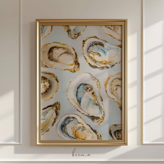 Oyster Shell Abstract Coastal Beach House Wall Art Blue Modern Kitchen Decor, Stretched Canvas 8x10in