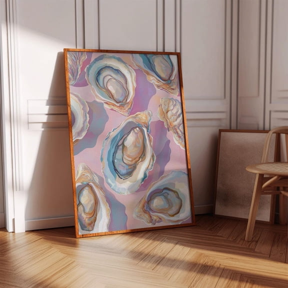 Oyster Shell Pastel Beach House Art Coastal Dining Room Decor Summer Kitchen Print, Stretched Canvas 16x20in