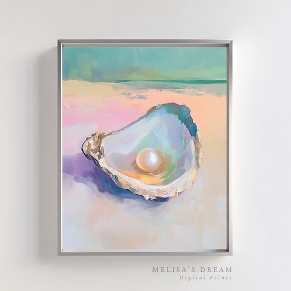 Oyster Shell Pearl Art Pastel Coastal Marine Life Decoration, Stretched Canvas 8x10in