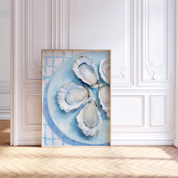 Oyster Shell Wall Art Poster, Light Blue Oyster Poster, Abstract Beach House Decor, Trendy Coastal Kitchen , 263, Unframed Poster Size 12x18