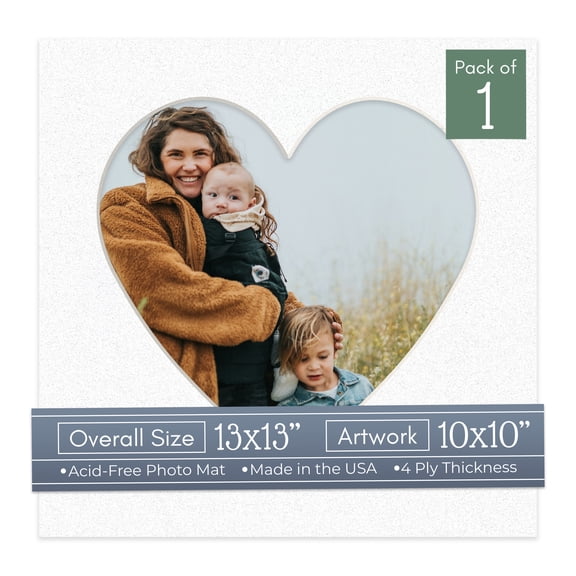 Oyster Shell White Picture Frame Mat for 13x13 Frames - Heart Opening for 10x10 Photos - 1 Mat
